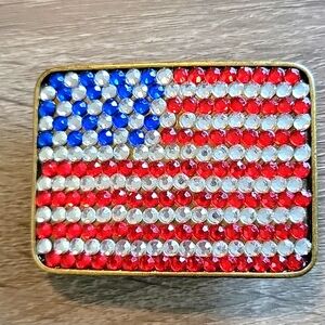 American United States Flag Rhinestone Brass Belt Buckle 3"x2" Patriotic